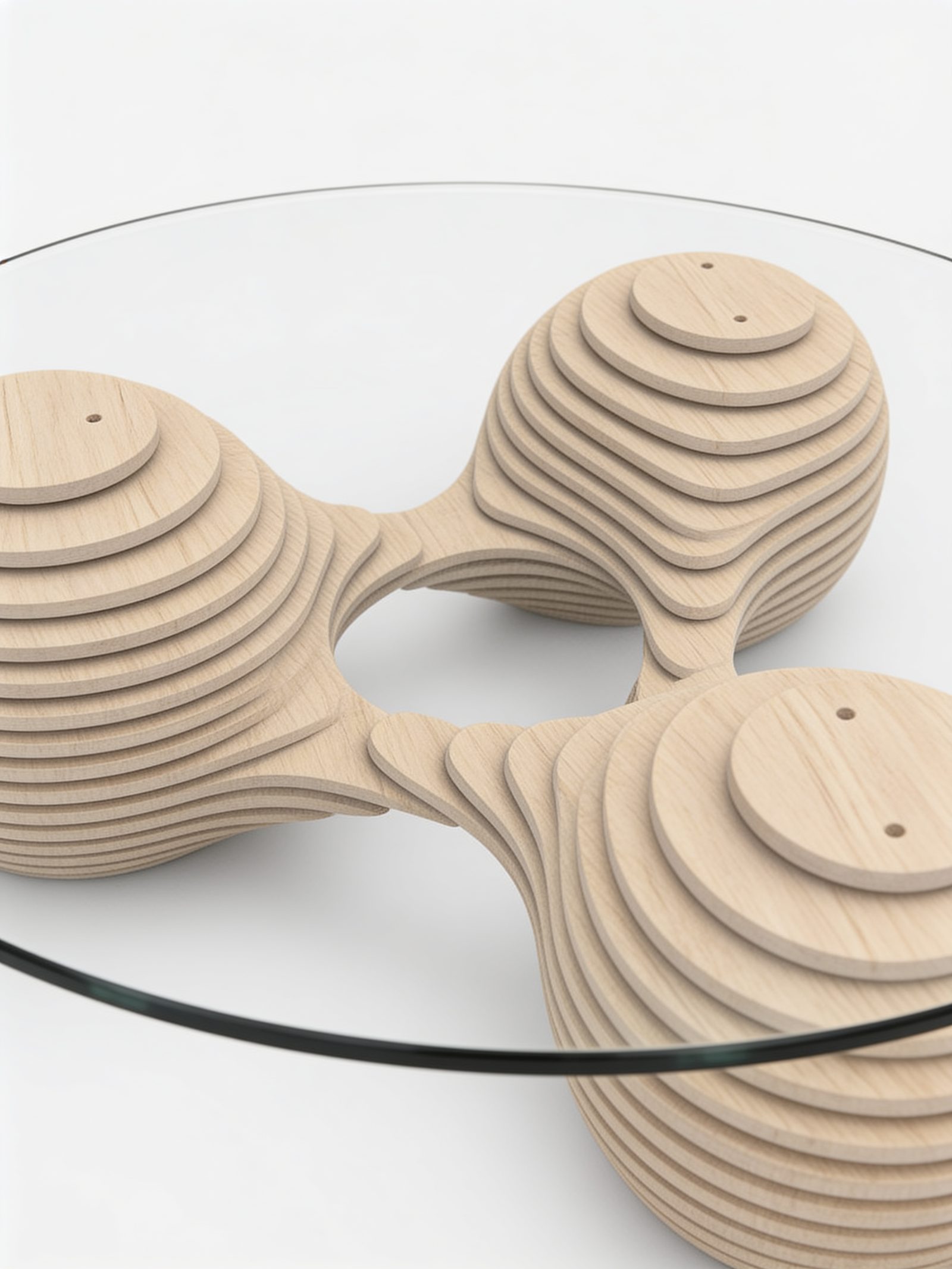 Detail of a sculptural solid-wood table base with a glass top
